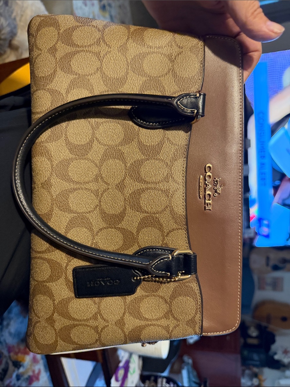 Coach Signature Satchel in Tan Canvas with Brown Trim and Black Handles